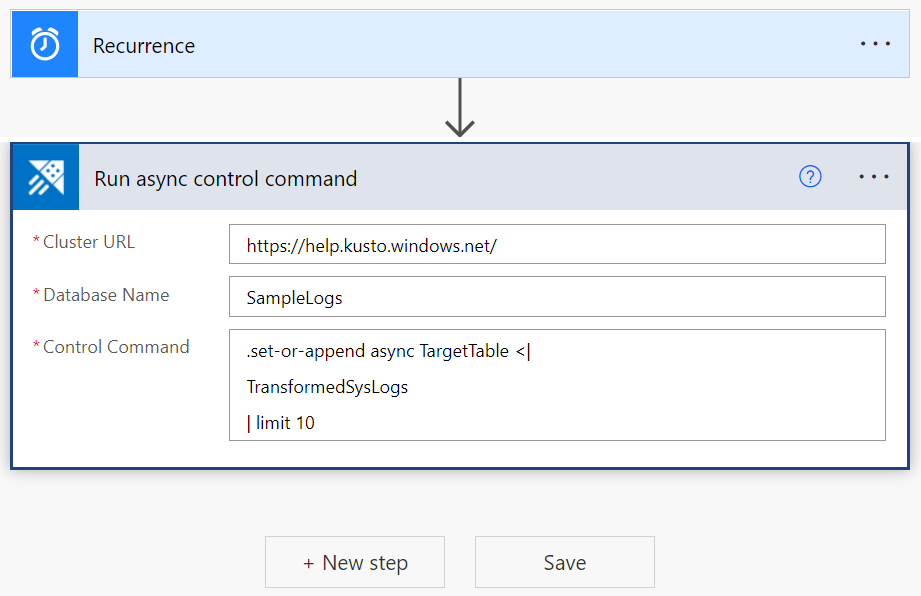 Schermopname van de Azure Data Explorer-connector, met de actie asynchrone beheeropdracht uitvoeren.
