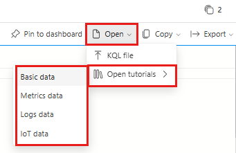 Schermopname van het vervolgkeuzemenu Web U I van Azure Data Explorer om voorbeeldzelfstudies te kiezen in het queryvenster.