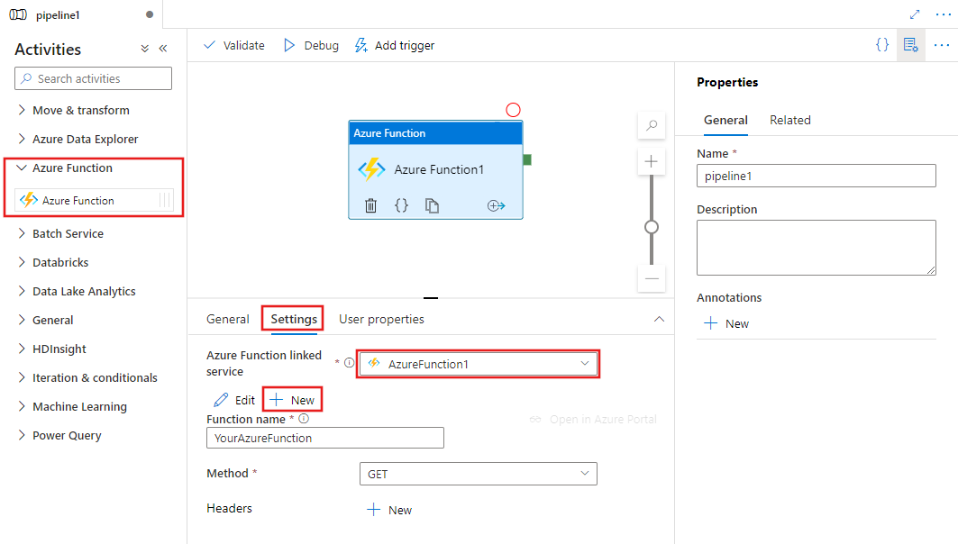 Schermopname van de gebruikersinterface voor een Azure functieactiviteit.