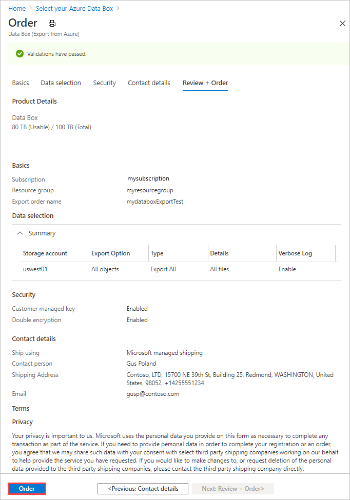 Schermopname met een Data Box-bestelling nadat deze is doorgevoerd.