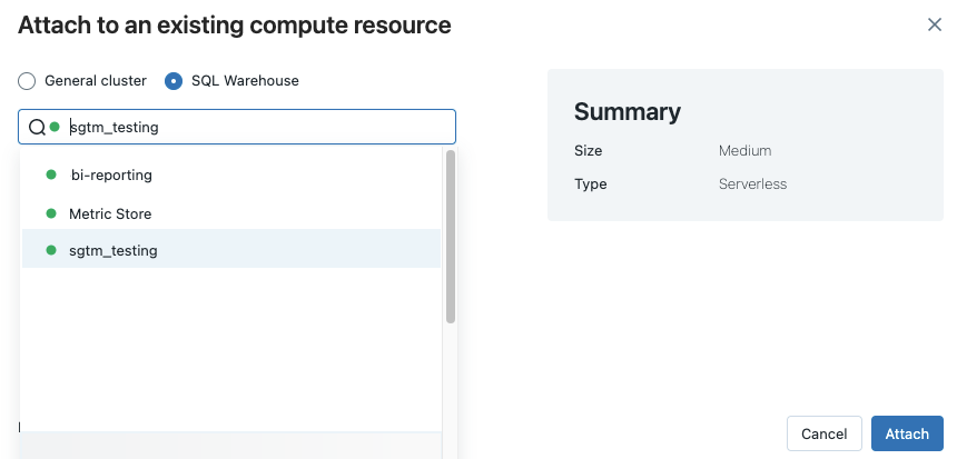 meer cluster dialoogvenster met SQL Warehouse geselecteerd
