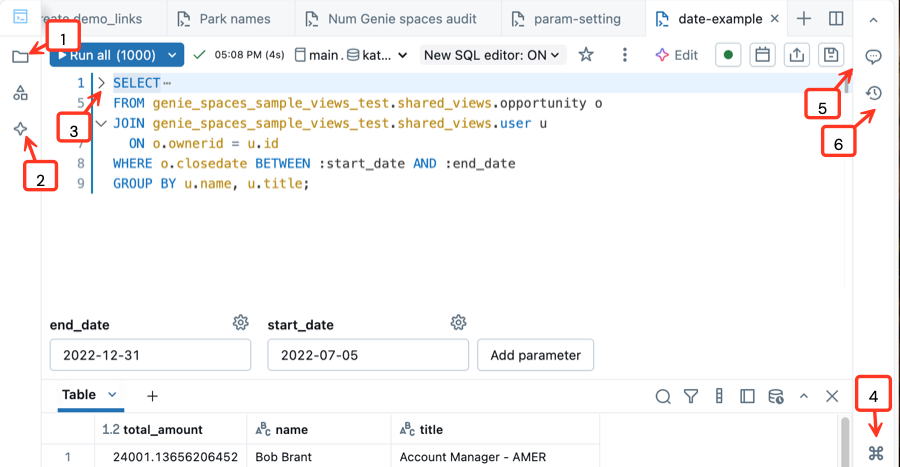 Schermopname van de SQL-editor met gelabelde bijschriften zoals aangegeven in de tekst.