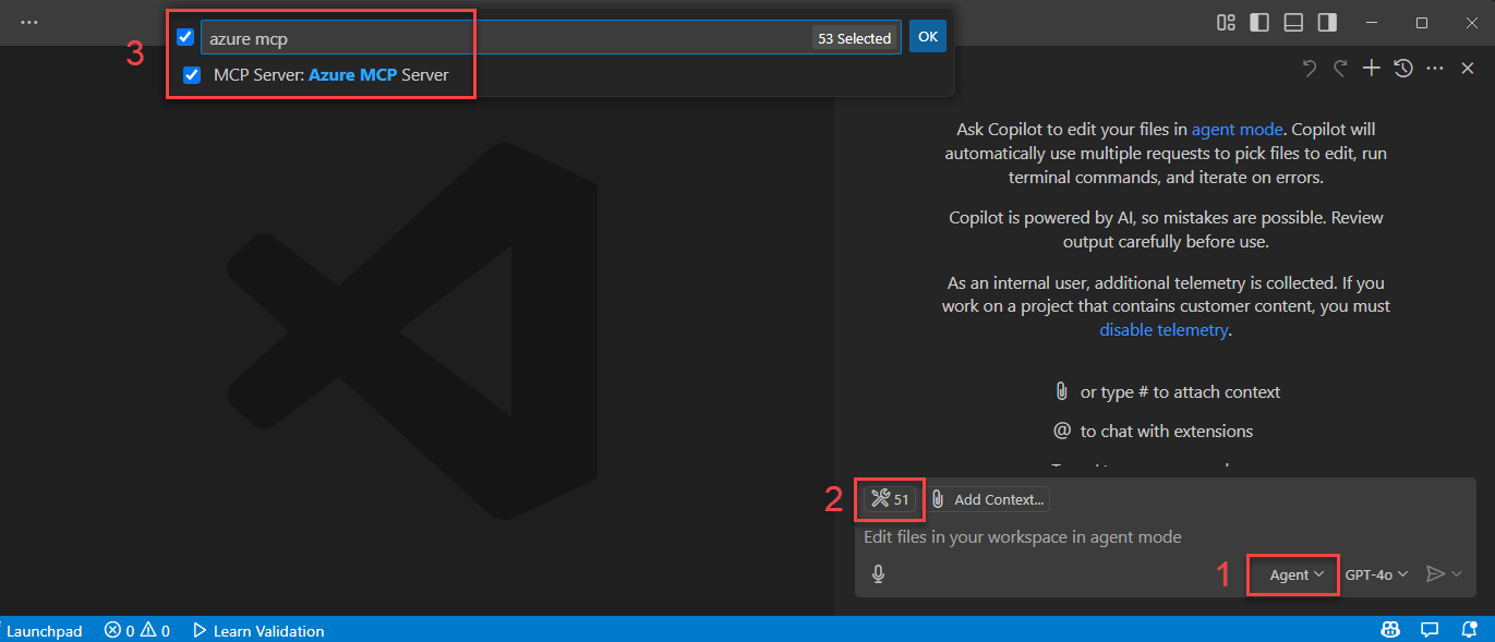 Een schermopname waarin Azure MCP Server wordt weergegeven als tool binnen GitHub Copilot.