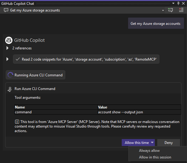 Een schermopname van het uitvoeren van Azure MCP Server-hulpprogramma's in Visual Studio.