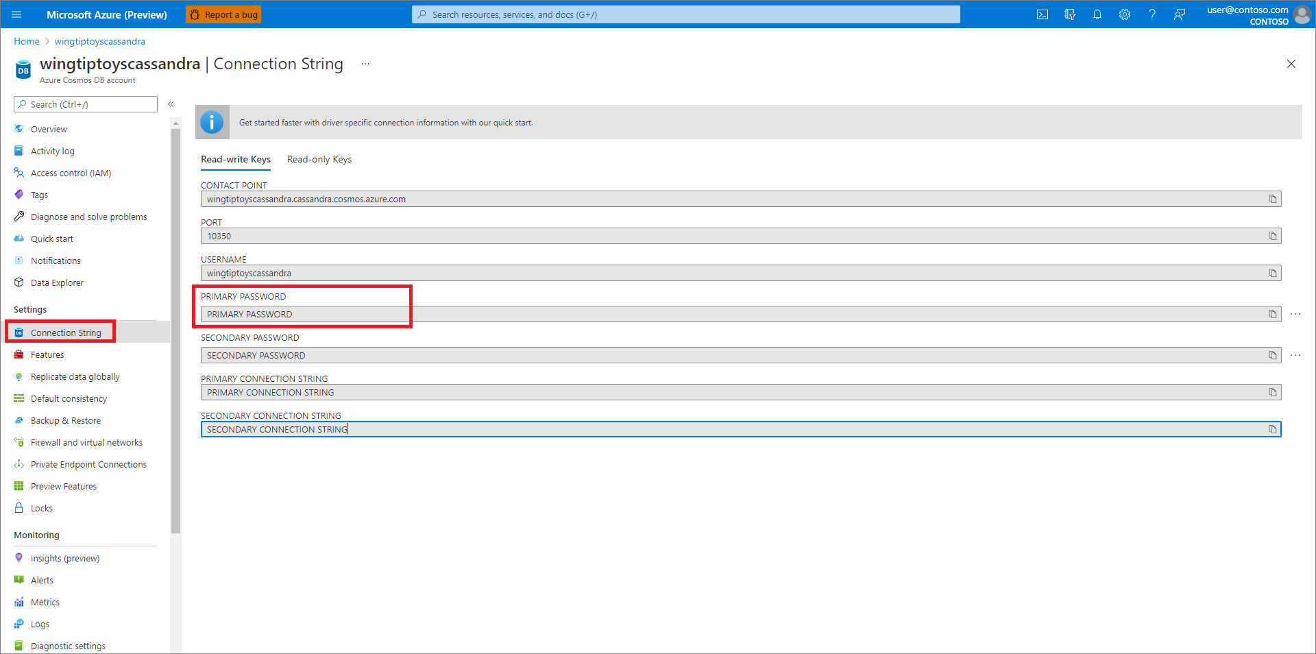 de verbindingsinstellingen van Azure Cosmos DB ophalen.