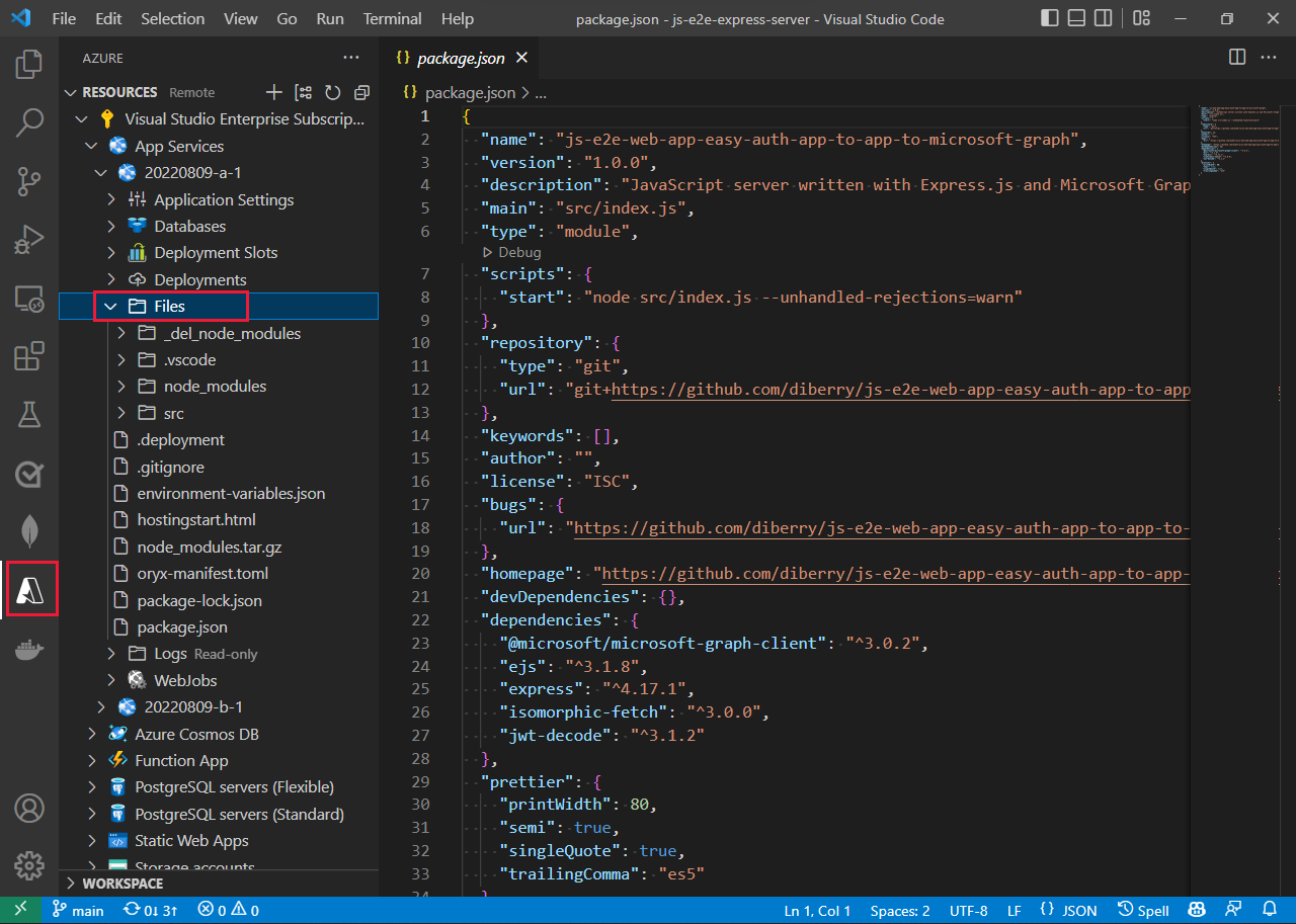 [Azure App Service- en Azure Functions-app-extensies bieden beide een weergave van de externe bestanden.