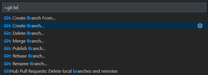 Schermopname van een zoekopdracht naar git-vertakking en selecteer Git Create Branch.