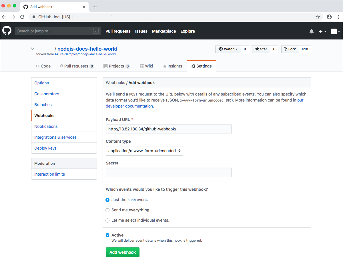 GitHub-webhook toevoegen aan uw geforkte opslagplaats