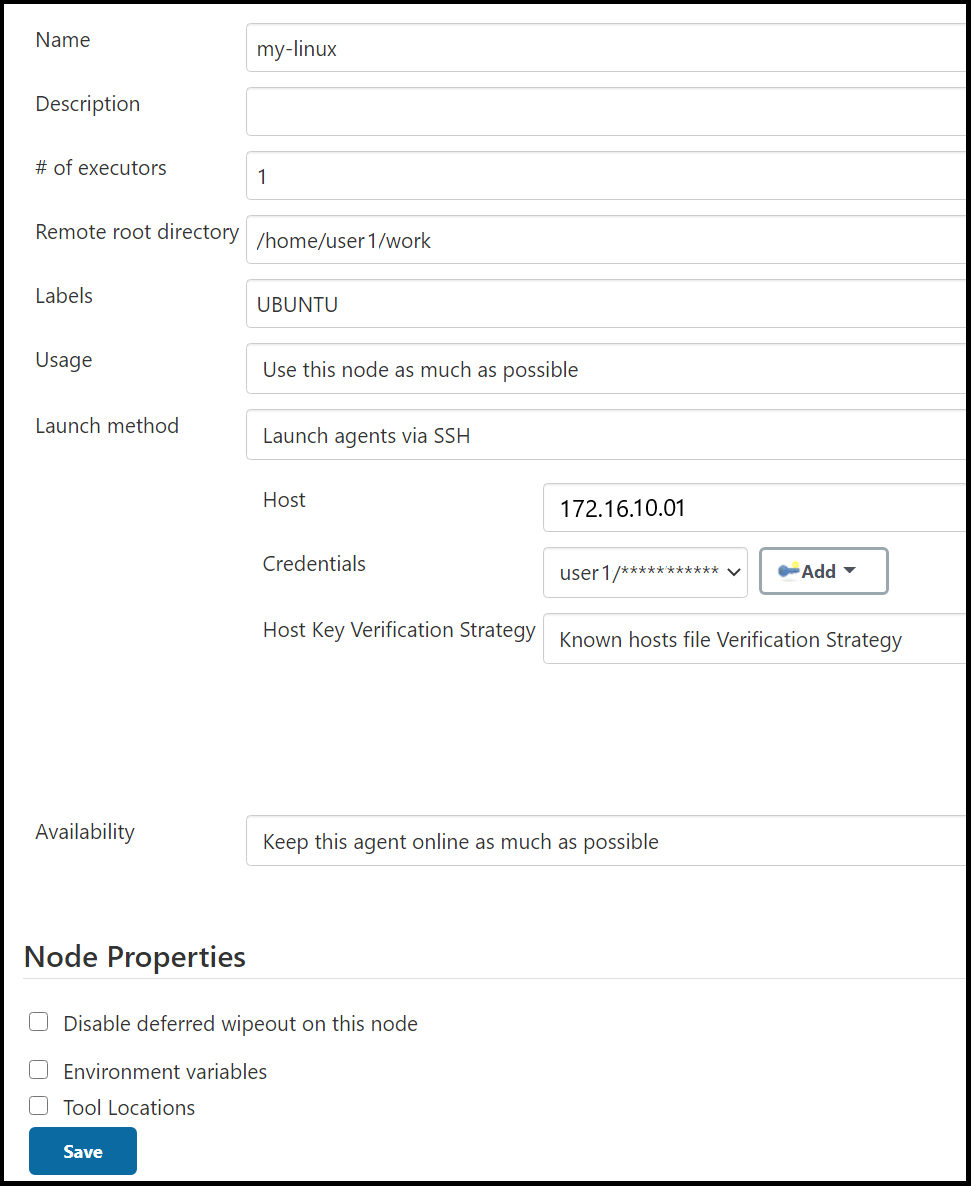 Voorbeeld van knooppuntconfiguratie waarin een startmethode van startagents via SSH wordt opgegeven.