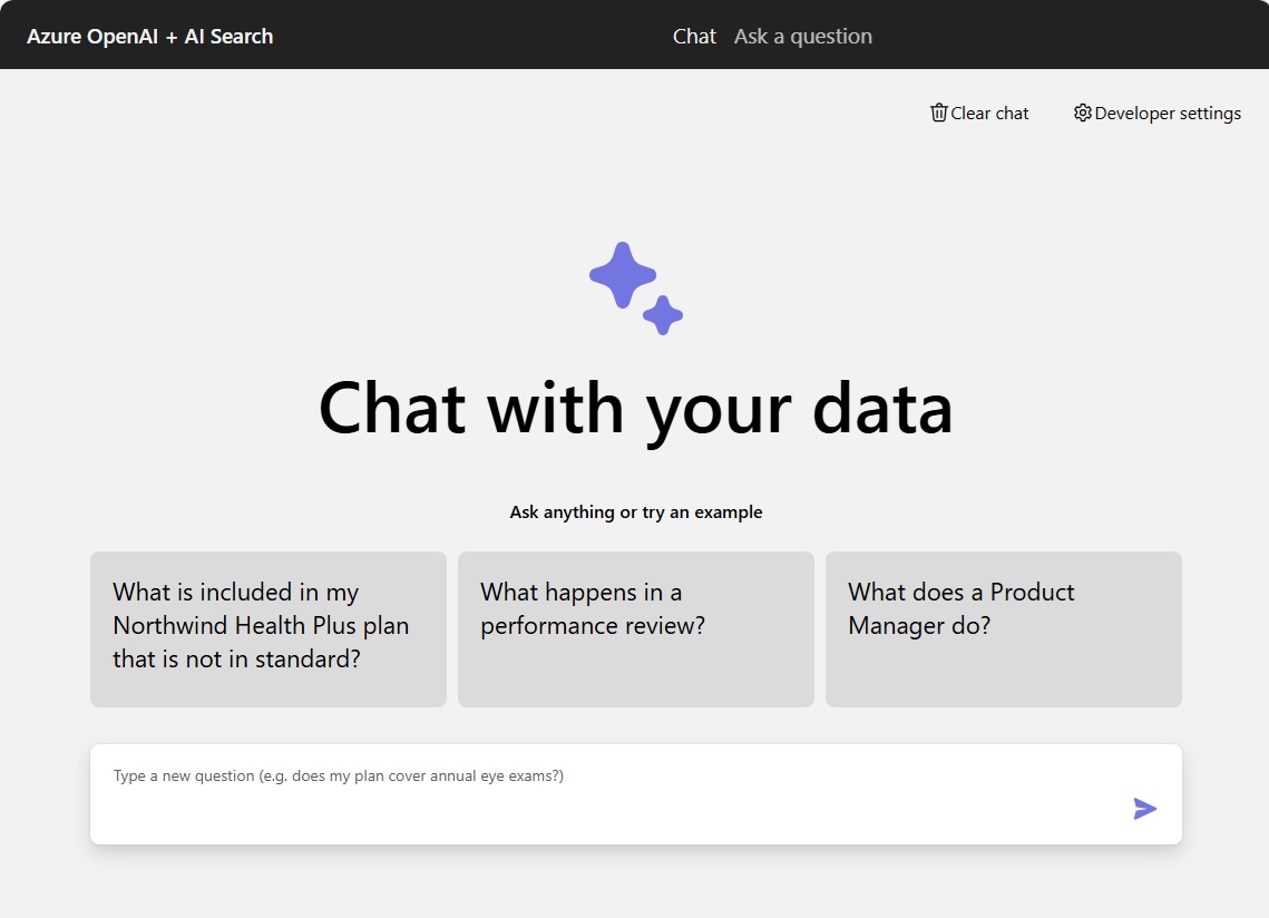 Schermopname van de chat-app met verschillende suggesties voor chatinvoer en het tekstvak chat om een vraag in te voeren.