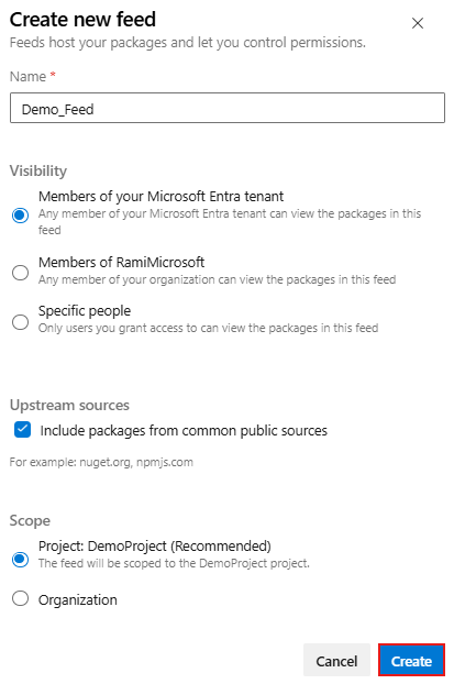 Een schermopname waarin wordt weergegeven hoe u een nieuwe feed maakt in Azure DevOps Services.