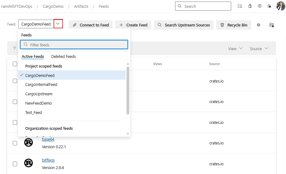 Een schermopname van het selecteren van een feed in de vervolgkeuzelijst in Azure Artifacts.