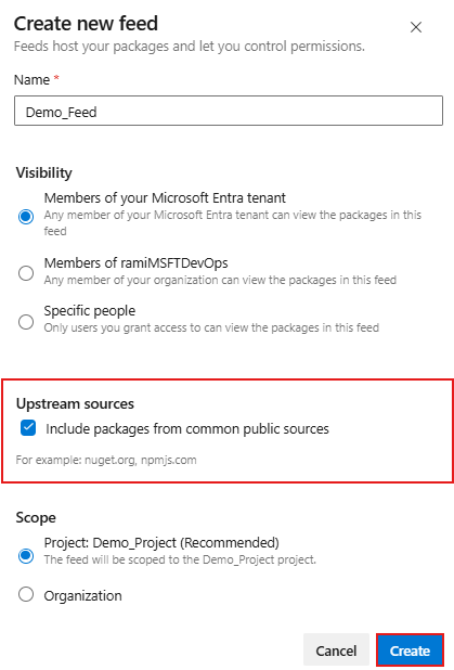 Een schermopname van het maken van een behoeftefeed en het inschakelen van upstream-bronnen in Azure Artifacts.