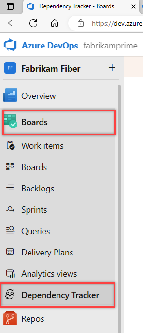 Schermopname van de Dependency Tracker-hub in Azure Boards.