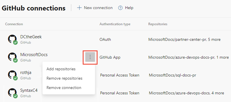 Schermafbeelding toont het GitHub verbindingsmenu van Meer opties.