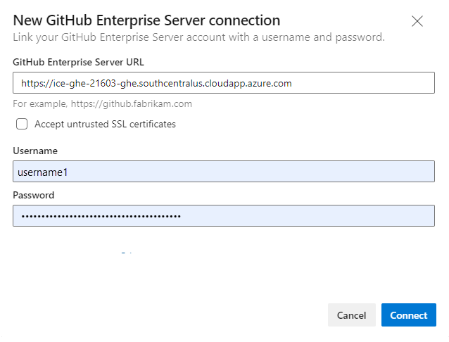 Schermafbeelding van nieuw GitHub ondernemingsverbindingsscherm, dialoogvenster Gebruikersnaamverbinding.