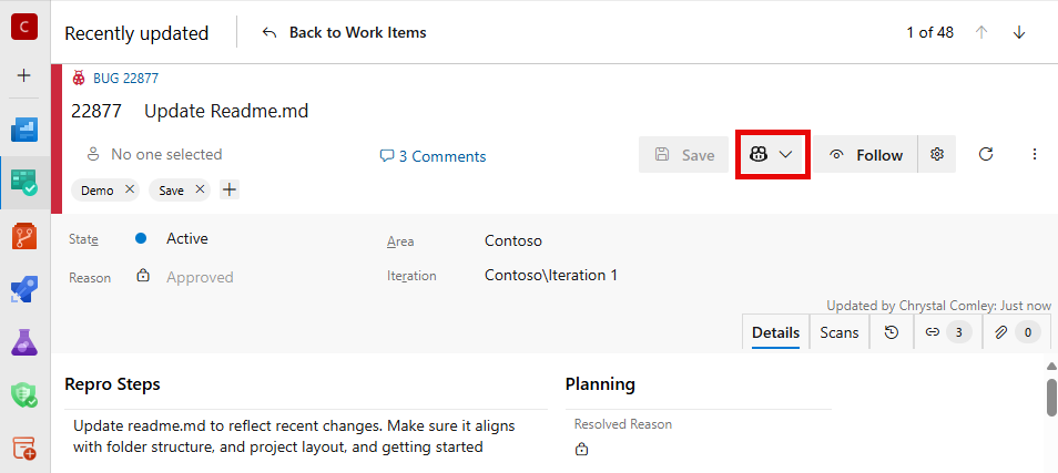 Schermafbeelding met gemarkeerd pictogram GitHub Copilot in werkitem.