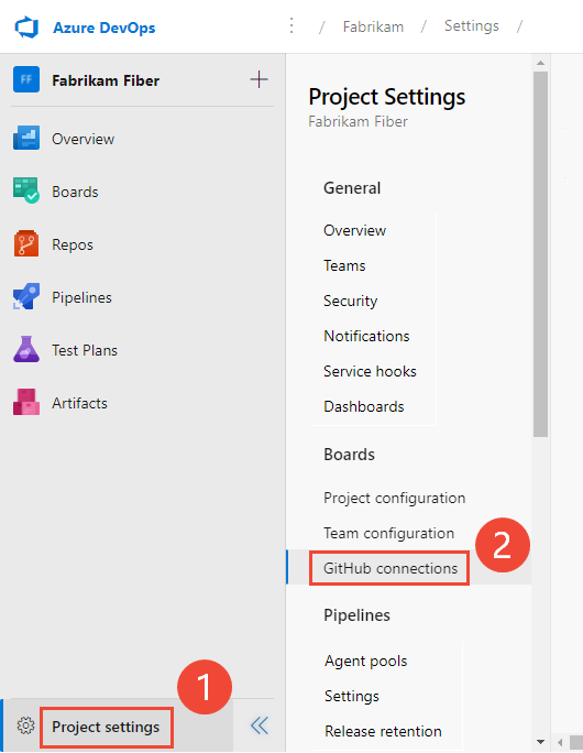 Scherm van geopende projectinstellingen, GitHub connections.