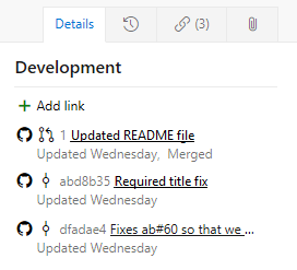 Schermafbeelding van werkitemformulier, sectie Ontwikkeling bevat GitHub links.