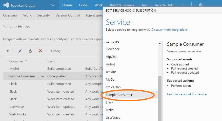 Diagram met een voorbeeld van een consumentenservice die HTTP-berichten verzendt voor code-push- en pull-aanvraaggebeurtenissen.