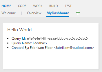 Schermopname van het overzichtsdashboard met een voorbeeldwidget met behulp van de REST API for WorkItemTracking.
