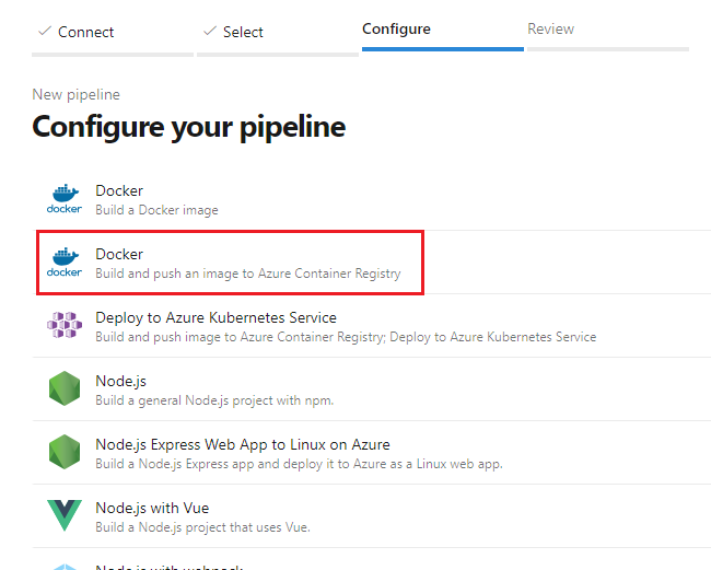 Schermopname die de selectie van de pijplijn 'Docker image bouwen en pushen naar Azure Container Registry' toont.