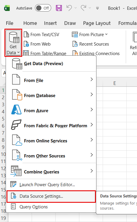 Schermopname van het tabblad Gegevens in Excel met de optie Instellingen voor gegevensbron gemarkeerd.