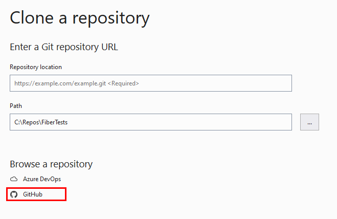 Schermopname van de optie GitHub in het venster 'Repository klonen' in Visual Studio.