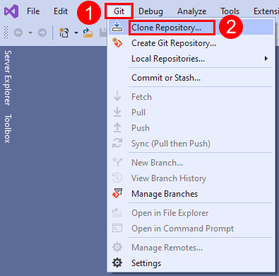Schermopname van de optie 'Repository klonen' in het Git-menu in Visual Studio.