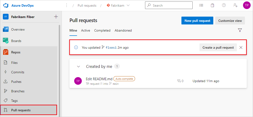 Schermopname van de prompt om een PR te maken op het tabblad Pull Requests in Azure Repos.