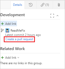 Schermopname van het aanmaken van een pull request vanuit de Ontwikkeling-sectie van een werkitem met een gekoppelde branch.