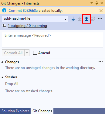 Schermafbeelding van de Pijl-omhoogknop in het venster Git Changes van Visual Studio.