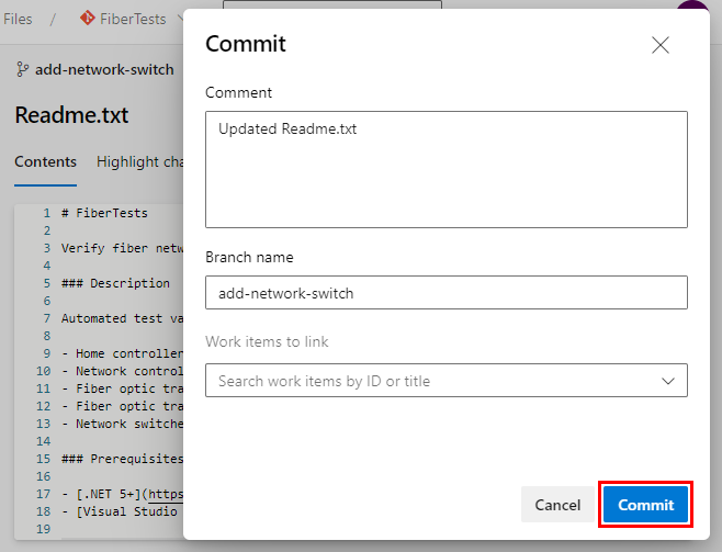 Schermopname van het dialoogvenster Commit in Azure Repos.
