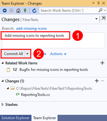 Schermopname van de tekst van het commit-bericht en de knop 'Commit All' in Visual Studio 2019.