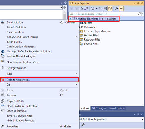Schermopname van de menuoptie 'Push naar Git-service' in het contextmenu Solution Explorer in Visual Studio 2022.