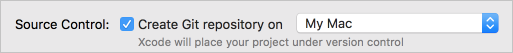 Schermopname van het maken van een Git-opslagplaats op het moment dat het Xcode-project is gemaakt.