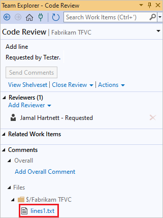 Schermopname van de bestandskoppeling op de Code Review-pagina.