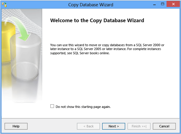 Schermopname van de welkomstpagina van de Database Kopiëren Wizard.