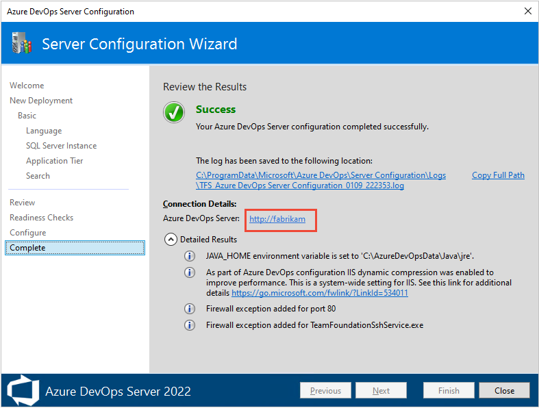 Schermopname van de Wizard voor serverconfiguratie, Pagina voltooid, Voortgang voltooid, 2022. 