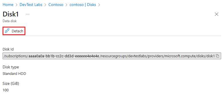 Schermopname met de knop Loskoppelen op de pagina Gegevensschijf.