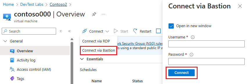 Schermopname van het selecteren van Verbinding maken via Bastion en verbinding maken via Bastion.