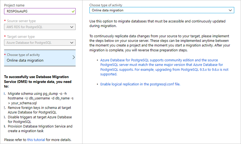 Schermopname van het 'Create Database Migration Service'-project.