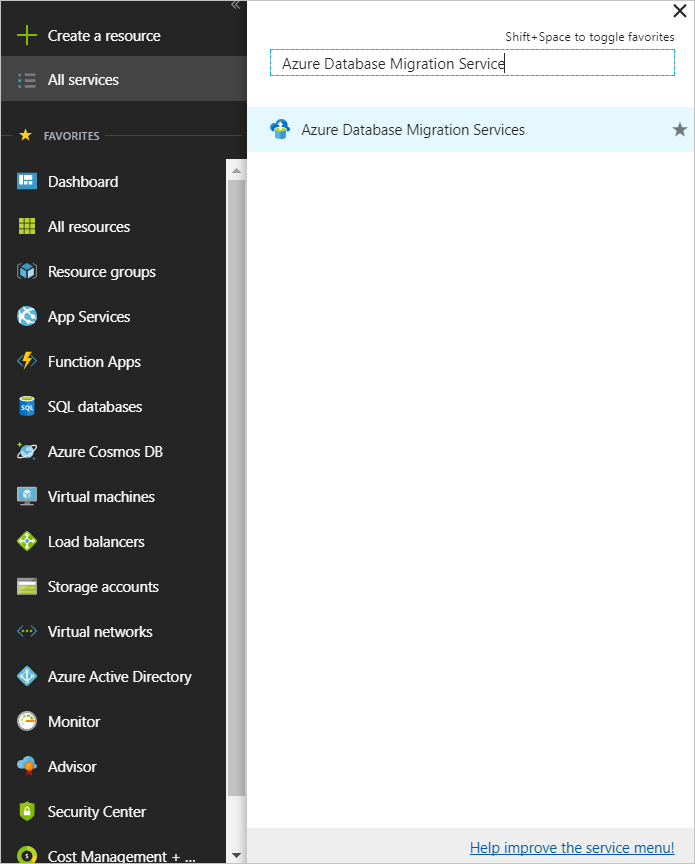 Schermopname van Zoek alle exemplaren van de Azure Database Migration Service.