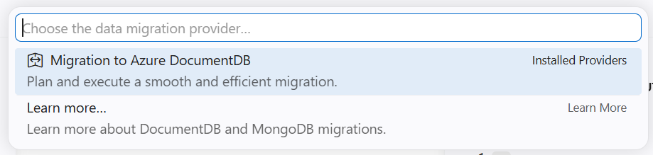 Scherm van het opdrachtenpalet met migratiehulpprogramma's in Visual Studio Code.
