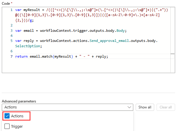 Schermopname van de actie JavaScript-code uitvoeren met de parameter Acties geselecteerd.