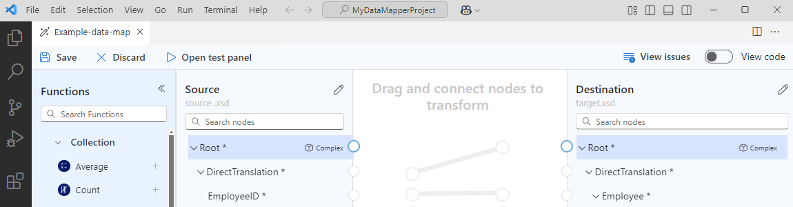 Schermopname van het doelvenster gevuld met xml-elementknooppunten van het bronschema.