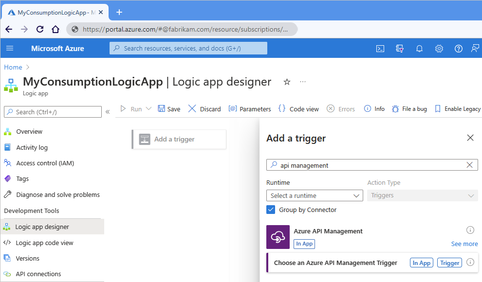 Schermopname van de Azure-portal, de verbruikswerkstroomontwerper en het vinden van een API Management-trigger.