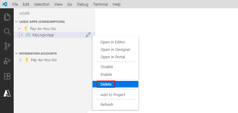 Schermopname die Visual Studio Code toont en hoe je een Logic Apps-resource verwijdert.