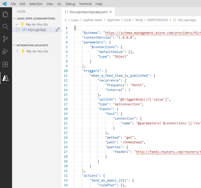 Schermopname van Visual Studio Code en het geopende werkstroomdefinitiebestand voor logische apps.