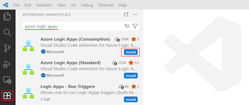 Schermopname van het zoeken en installeren van de Azure Logic Apps Consumption-extensie in Visual Studio Marketplace.